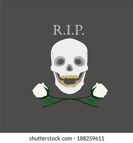 Skull with white roses and R.I.P. word on dark background