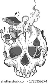 skull whith mushrooms tatoo desing