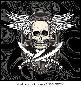 skull wing with sword vector