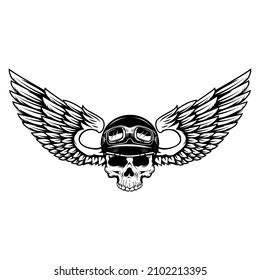 Skull in winged helmet. Design element for logo, emblem, sign, poster, t shirt. Vector illustration
