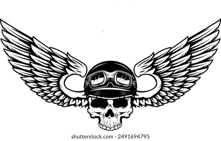 Skull in winged helmet. Design element for logo, emblem, sign, poster, t shirt. Vector illustration