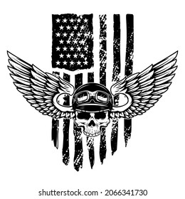 Skull in winged helmet on american flag background. Design element for logo, emblem, sign, poster, t shirt. Vector illustration