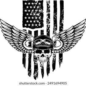 Skull in winged helmet on american flag background. Design element for logo, emblem, sign, poster, t shirt. Vector illustration