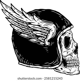 Skull with winged helmet series 1. Vector illustration. Monochrome hand drawn style