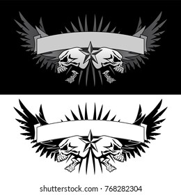 Skull wings with banner tattoo style vector graphic