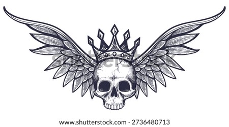 Skull with wings and crown engraving. Dead king emblem vector illustration