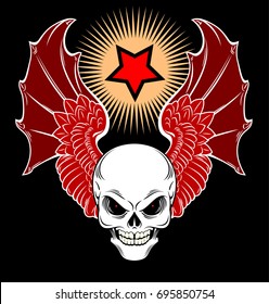 Skull with wings of a demon in the background of a star. Occultism, tattoo, ancient symbols