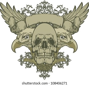 Skull with wings and double-headed eagle, hand-drawing. Vector illustration