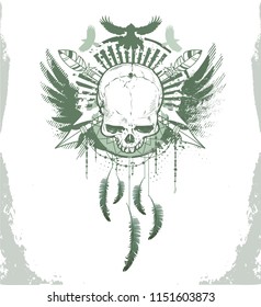 skull with wings and dream catcher design for t shirts, posters, prints, cards and other uses. vector illustration