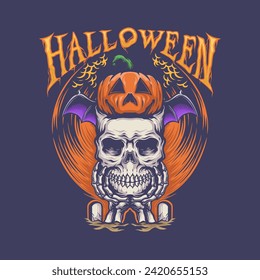 skull with wings halloween head vector illustration