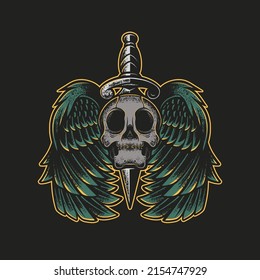 Skull wings and knife Ilustration