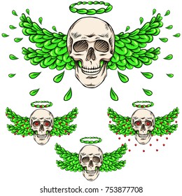 Skull and wings. Wings of leaves. Nimbus on top.
