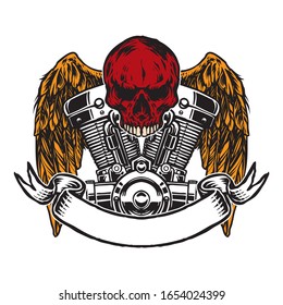 skull with wings and motorcycle machine head and ribbon art illustration