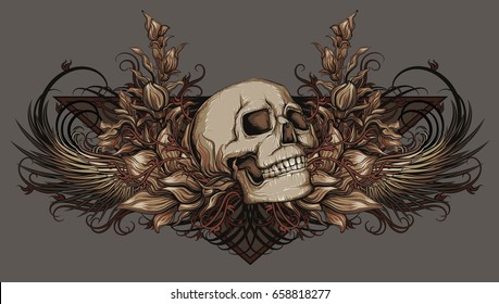 skull with wings and nature patterns