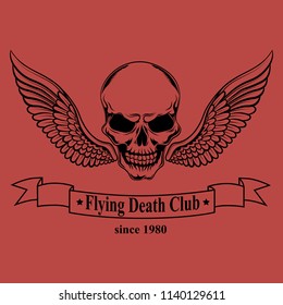 Skull with wings on a red background.