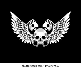 Skull with wings and pistons. Auto repair shop or motorbike bike club emblem. White on black. Stock vector illustration.