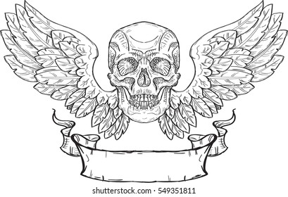 Skull with wings and ribbon in engraving style
