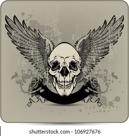 Skull with wings and roses, hand-drawing. Vector illustration.