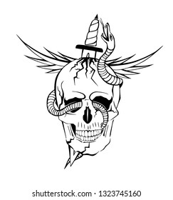 Skull with wings. Skull with a sword. Skull with a snake. Vector