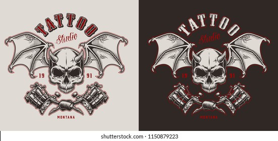 Skull With Wings. Tatoo Studio Emblem. Vector Vintage Illustration