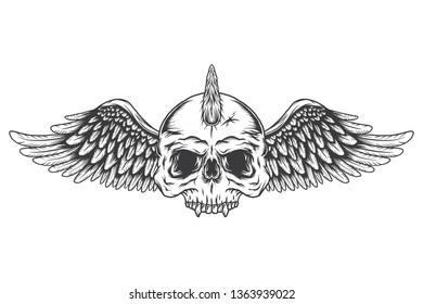 Skull with wings. Vintage label, illustration, logotype. Vector illustration. Isolated on white background.