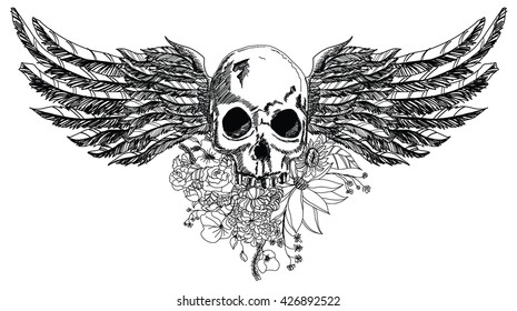 the skull wings with weapon and flower