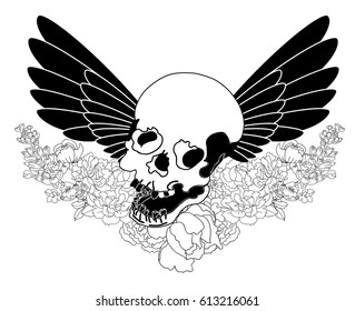 the skull wings with weapon and flower