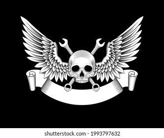 Skull with wings, wrenches and ribbon. Auto repair shop emblem. Stock vector illustration.