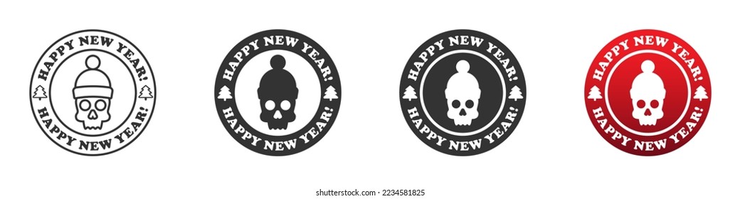 Skull in winter hat on a round badge with lettering: Happy new Year! Christmas skull icon. Vector illustration.