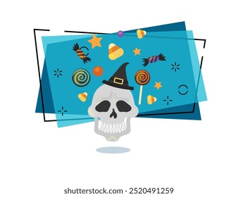 Skull in witch hat among sweets, lollipops and candies vector illustration on abstract background. Halloween celebration, party, holiday concept. Can be used for banner or invitation design