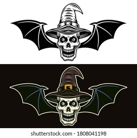 Skull of witch in hat with bat wings two styles black on white and colored on dark background vector illustration