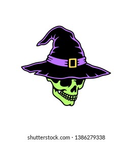 SKULL IN WITCH HAT COLOR WHITE BACKGROUND