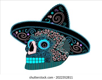 Skull witch with hat, Halloween ornament details, vector.