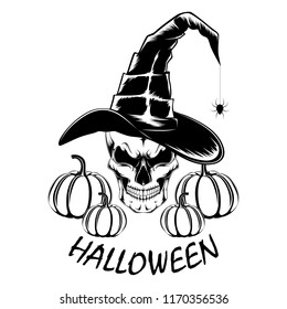 A skull in a witch hat with pumpkins. Black and white vector image of halloween.