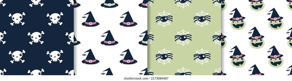 Skull, witch hat, spider in web, pumpkin. Hand drawn funny halloween backgrounds. Vector set of seamless patterns.