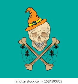 Skull in a witch hat. Under the skull are crossbones and cobwebs. Emblem, icon, symbol, sign. Vector illustration