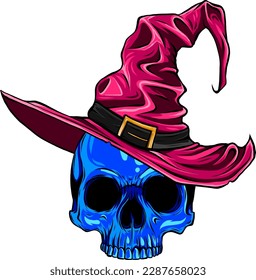skull with witch hat vector illustration on white background.