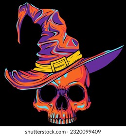 skull with witch hat vector illustration on black background