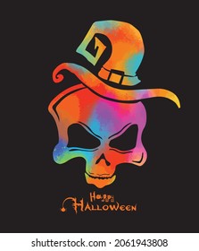 Skull of a witch in a multicolored hat. Happy Halloween. Vector illustration