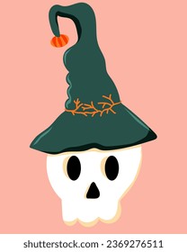 Skull in the witches hat. Halloween element.  Vector illustration