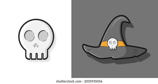 SKULL AND WITCH'S HAT HELLOWEEN ACCESORYS VECTOR ILLUSTRATION ICON. FLAT DESIGN CARTOON HELLOWEEN WITCH HAT FOR OCTOBER VESTIVAL CELEBRATION