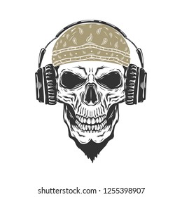 Skull withe the headphones and bandana isolated on white background.Vector illustration.