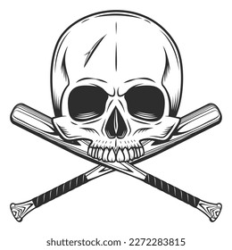 Skull without jaw with baseball bat club emblem design elements template in vintage monochrome style isolated vector illustration