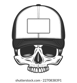 Skull without jaw in baseball cap in vintage monochrome style isolated vector illustration