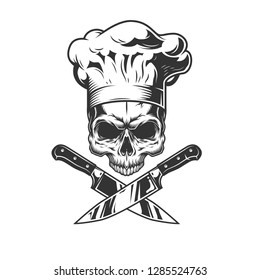 Skull without jaw in chef hat with crossed knives in vintage style isolated vector illustration