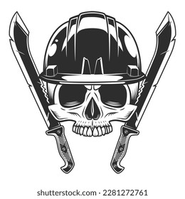 Calavera sin mandíbula en la construcción casco de sombrero duro con cuchillo machete cruzado y cinta adhesiva. Arma fundida de cazador en la jungla. Vector negro y blanco aislado en fondo blanco