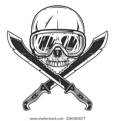 Skull without jaw in construction safety glasses and crossed machete sharp knife melee weapon of hunter in jungle. Black and white vector isolated on white background