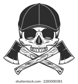 Skull without jaw in gangster gatsby tweed hat flat cap and construction lumberjack axe service repair tool vector illustration