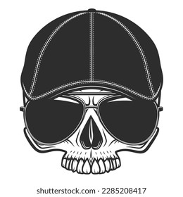 Skull without jaw in gangster gatsby tweed hat flat cap   sunglasses vintage vector illustration