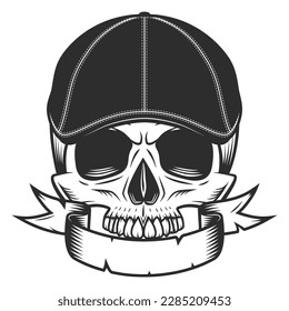 Skull without jaw in gangster gatsby tweed hat flat cap and ribbon vintage vector illustration